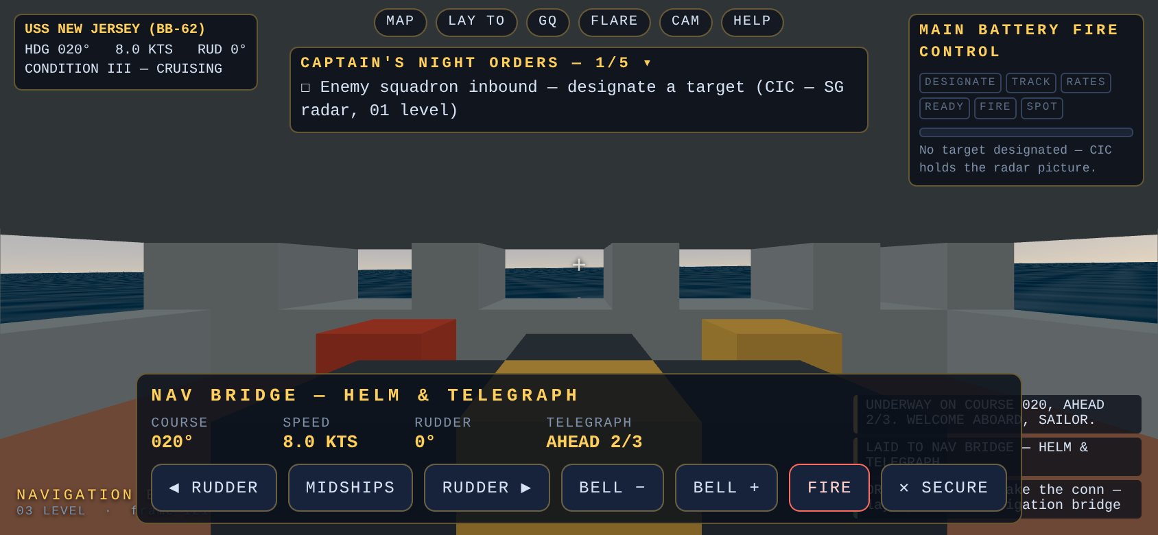 The helm console on a phone: course, speed, rudder and telegraph dials above a row of touch buttons — rudder left and right, midships, bells, fire, secure
