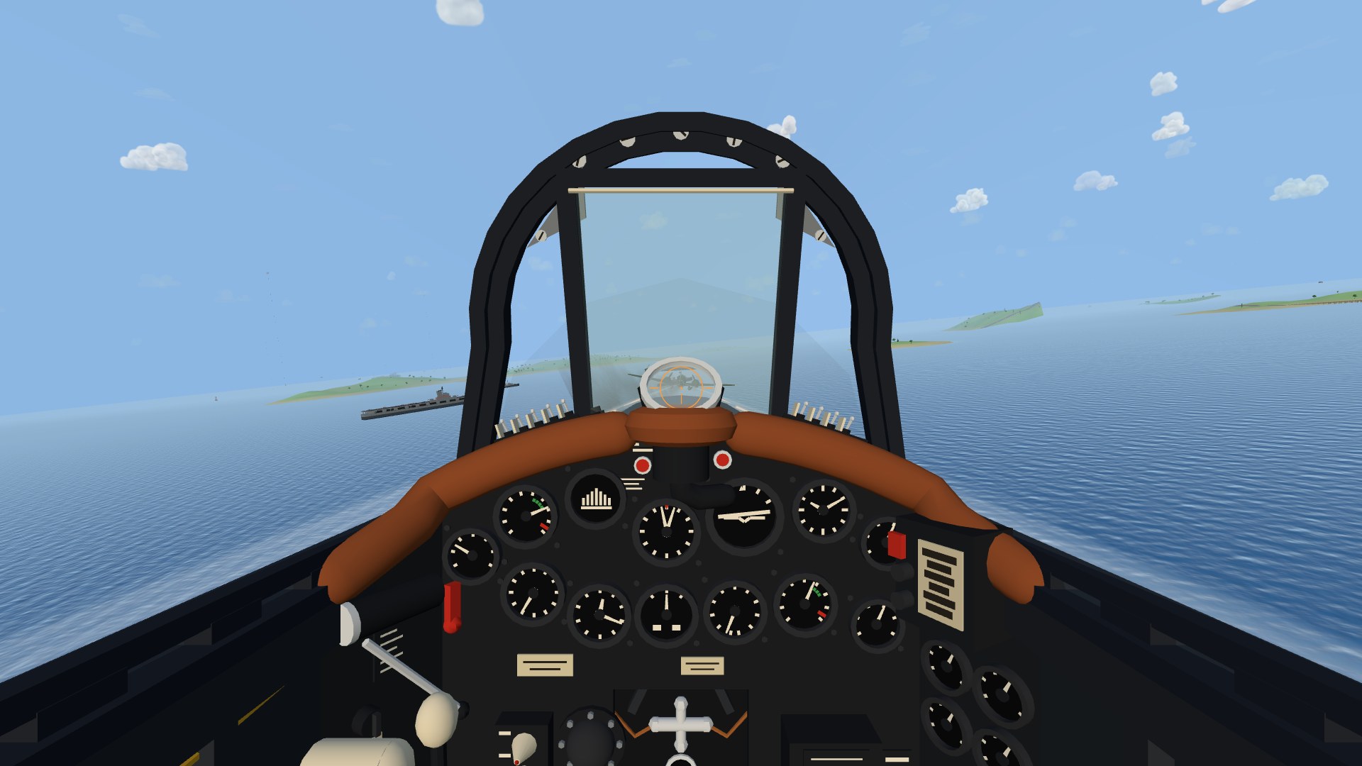 The view from a Corsair's cockpit low over a blue sea: a round black windscreen arch, a leather crash pad around the top of the instrument panel, the round Mk 8 gunsight with an orange ring and a cobalt bomber inside it, tracers streaking past on the right and a carrier on the horizon to the left