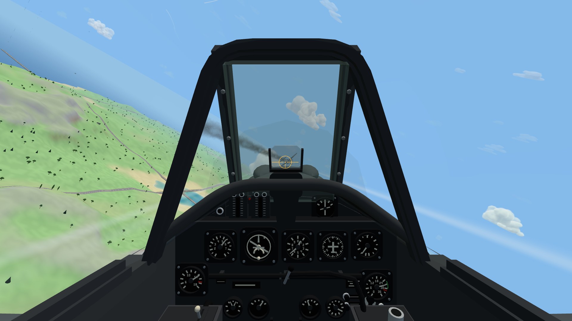 The view from an Fw 190's cockpit, banked left over green hills: a dark windscreen frame, a smoking cobalt fighter inside the small amber ring of the gunsight, and the black instrument panel below