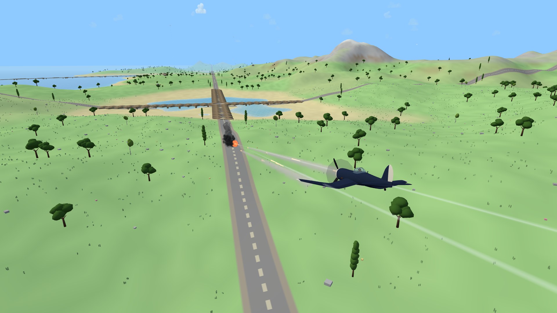 A Navy-blue F4U Corsair rippling rockets down a highway at an armored column, the rockets' smoke strung back to its rails and the lead tank burning