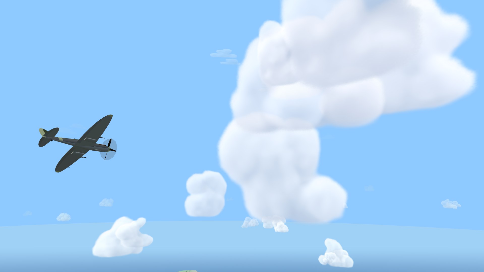 A dark green Spitfire banking toward a towering white cumulus cloud in a clear blue sky, smaller puffy clouds scattered below it over the sea