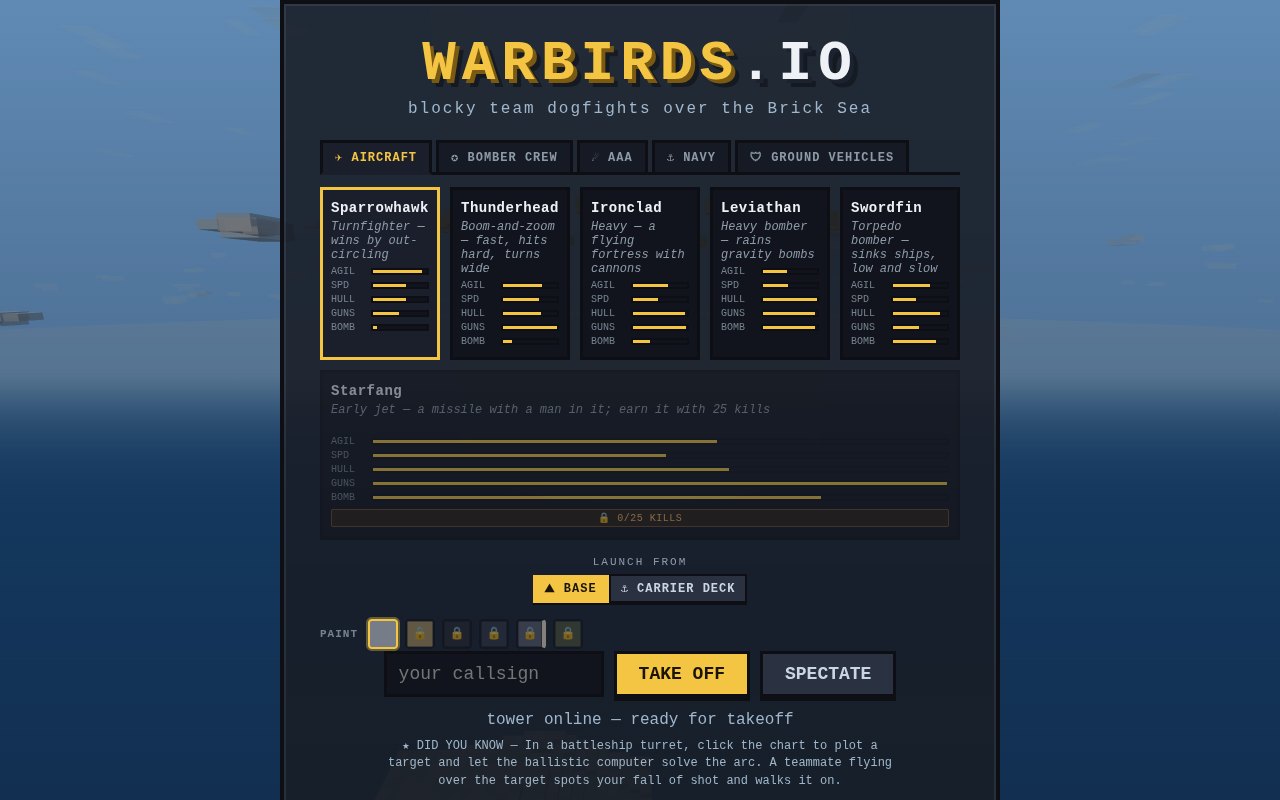 The join screen with the plane roster, and beneath the TAKE OFF button a steel-blue DID YOU KNOW line about the round-end intel card