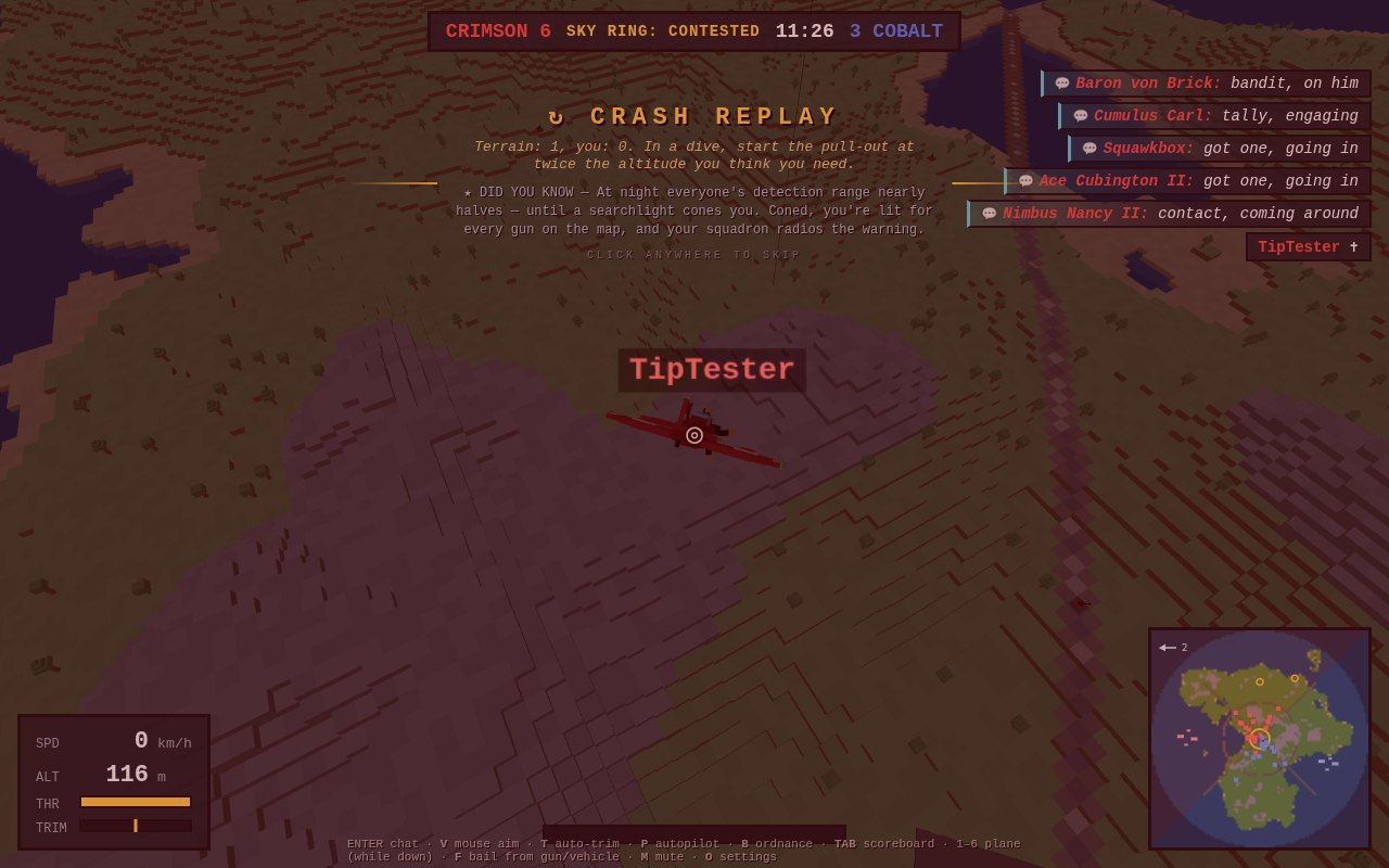 The crash replay screen: a crimson fighter down on a blocky hillside under the CRASH REPLAY badge, with the death-recap coach line and a new steel-blue DID YOU KNOW tip beneath it