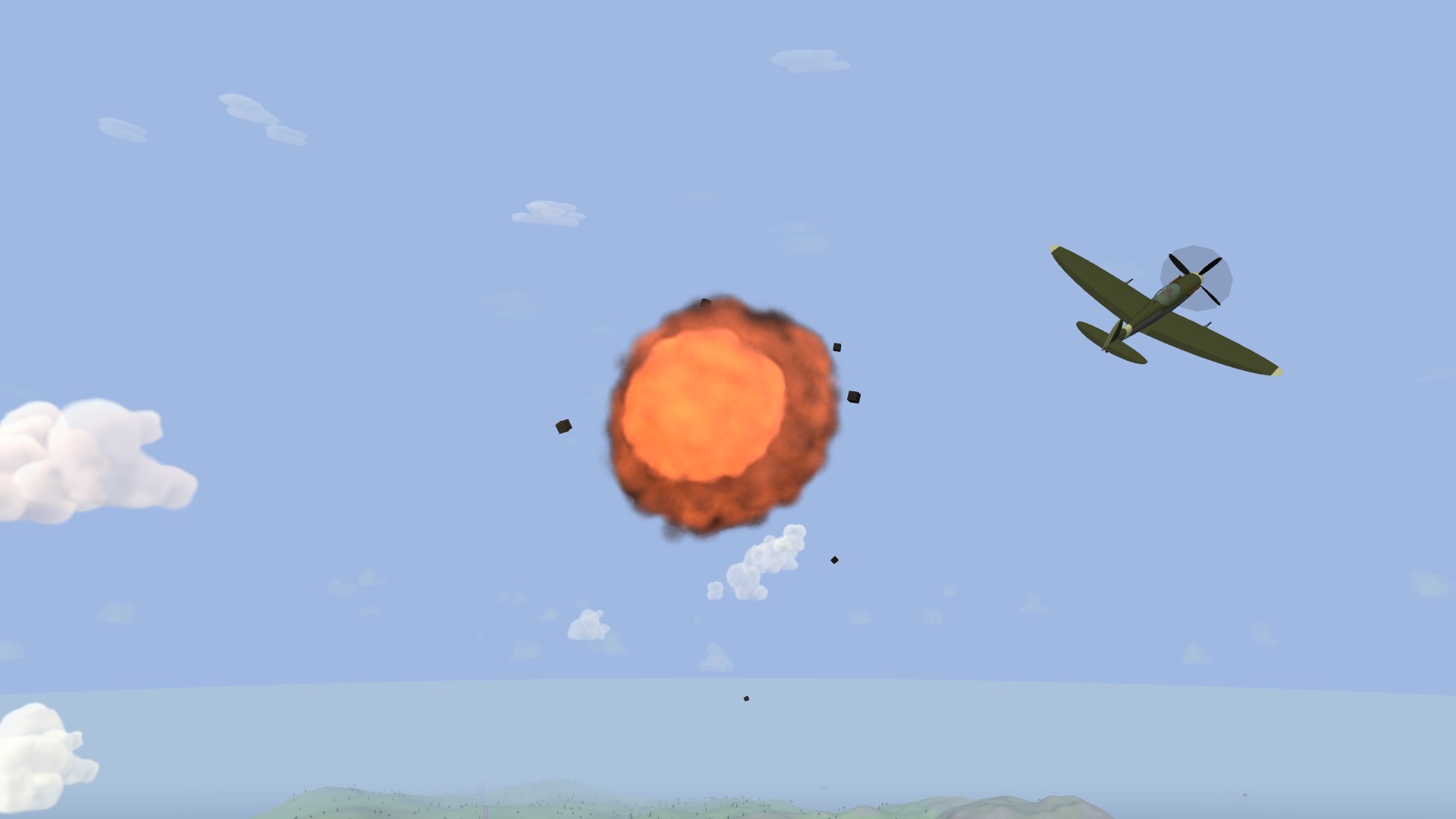 A cobalt fighter gone up in a rolling orange-red fireball against a blue sky, its edges already going to smoke and a brighter second lobe blooming in front of it, scraps of airframe flung clear, and the crimson Spitfire that shot it climbing away past the blast