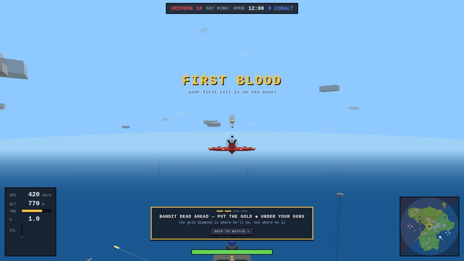The FIRST BLOOD stamp across the middle of the screen in gold, with the line 'your first kill is on the books' beneath it