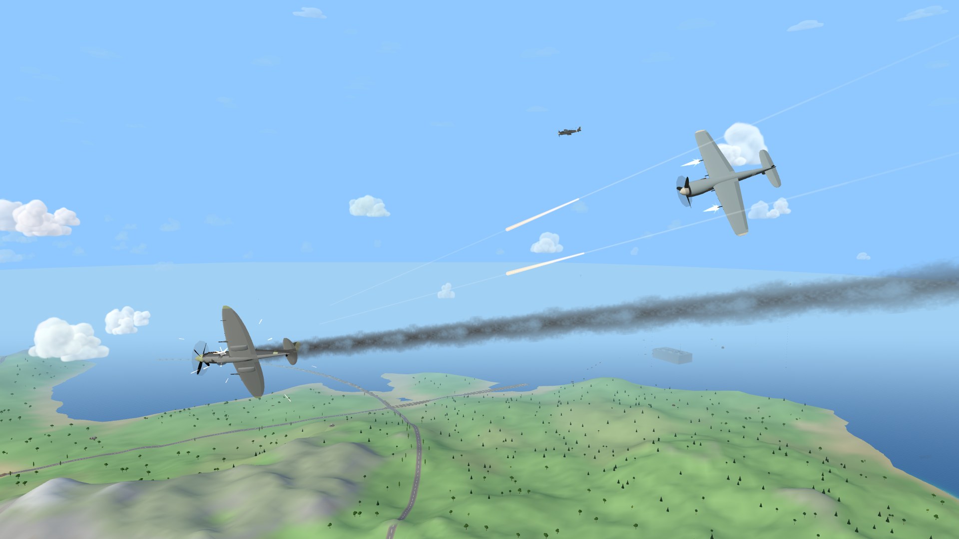 An Fw 190 rolled over on its back firing both wing cannon at a smoking Spitfire below it, a Bf 109 small on the perch above