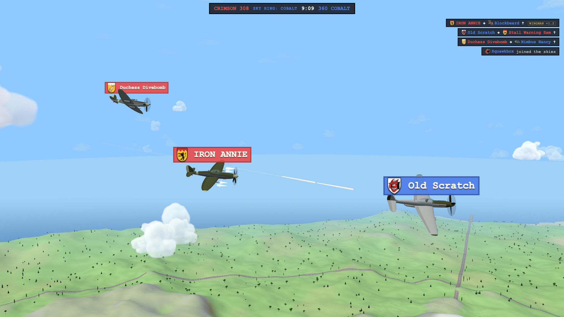 A crimson Spitfire under the Rampant Wolf badge firing on a smoking cobalt Mustang whose nameplate reads Old Scratch beside a Red Devil, a Diving Pig wingman above, and the kill feed telling the fight in badges