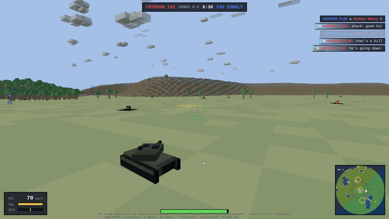 A Paladin tank rolling at speed across open steppe toward a battle: enemy contact carets over distant hulls near a treeline, wrecks burning on the field, kill chatter in the corner, and enemy blips on the minimap