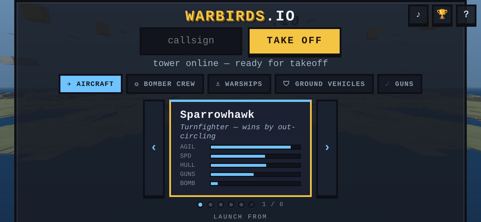 The redesigned lobby on a landscape phone: callsign and TAKE OFF on top, the arm tabs and a single aircraft card below, three icon buttons in the corner
