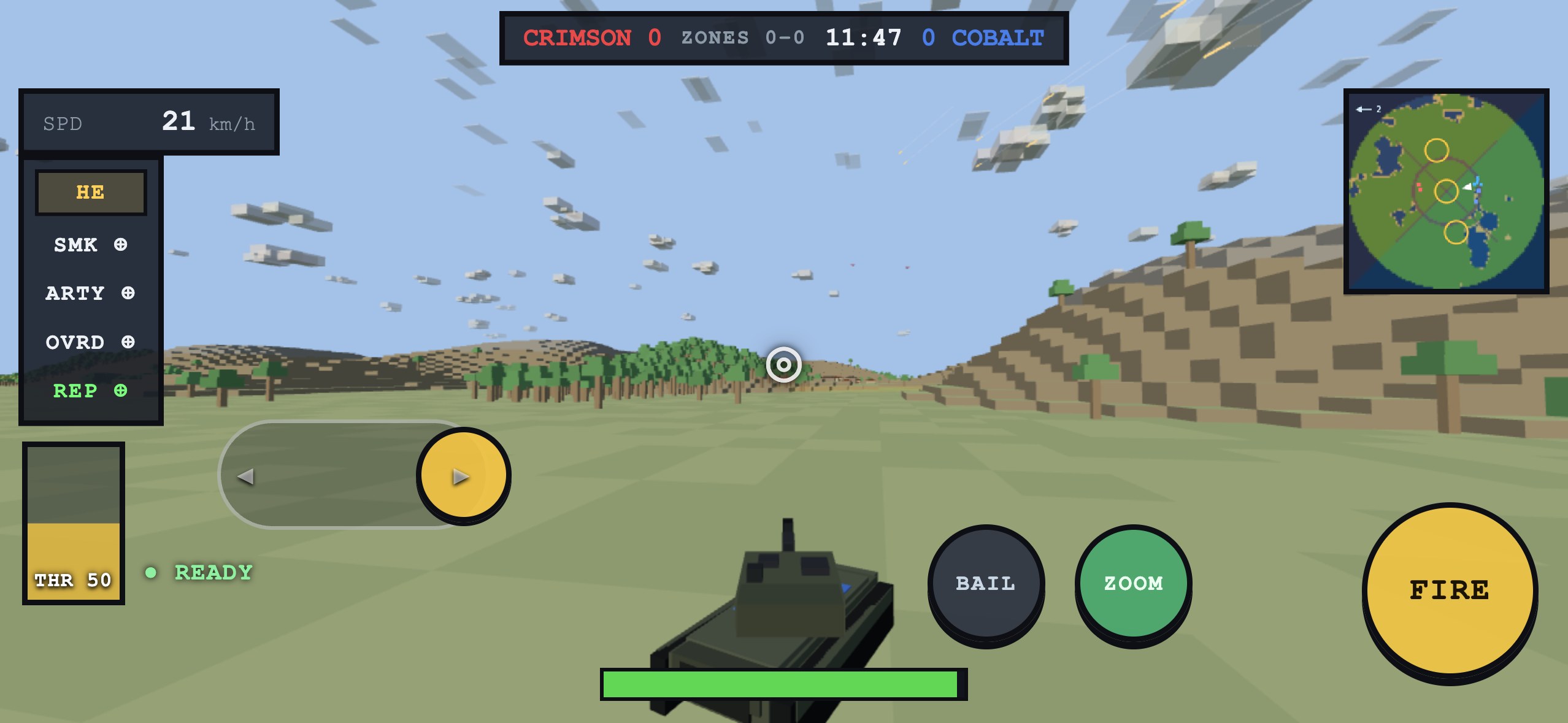 An Abrams tank on the Brick Steppe seen on a phone in landscape, its hull swinging to the right while the gun holds its aim down the sight line; under the left thumb the stick is drawn as a sideways rail with arrows at each end and the gold knob pushed out toward the right arrow; the THR lever on the left edge, the crew chips on the left rail, and BAIL, ZOOM and FIRE buttons bottom-right