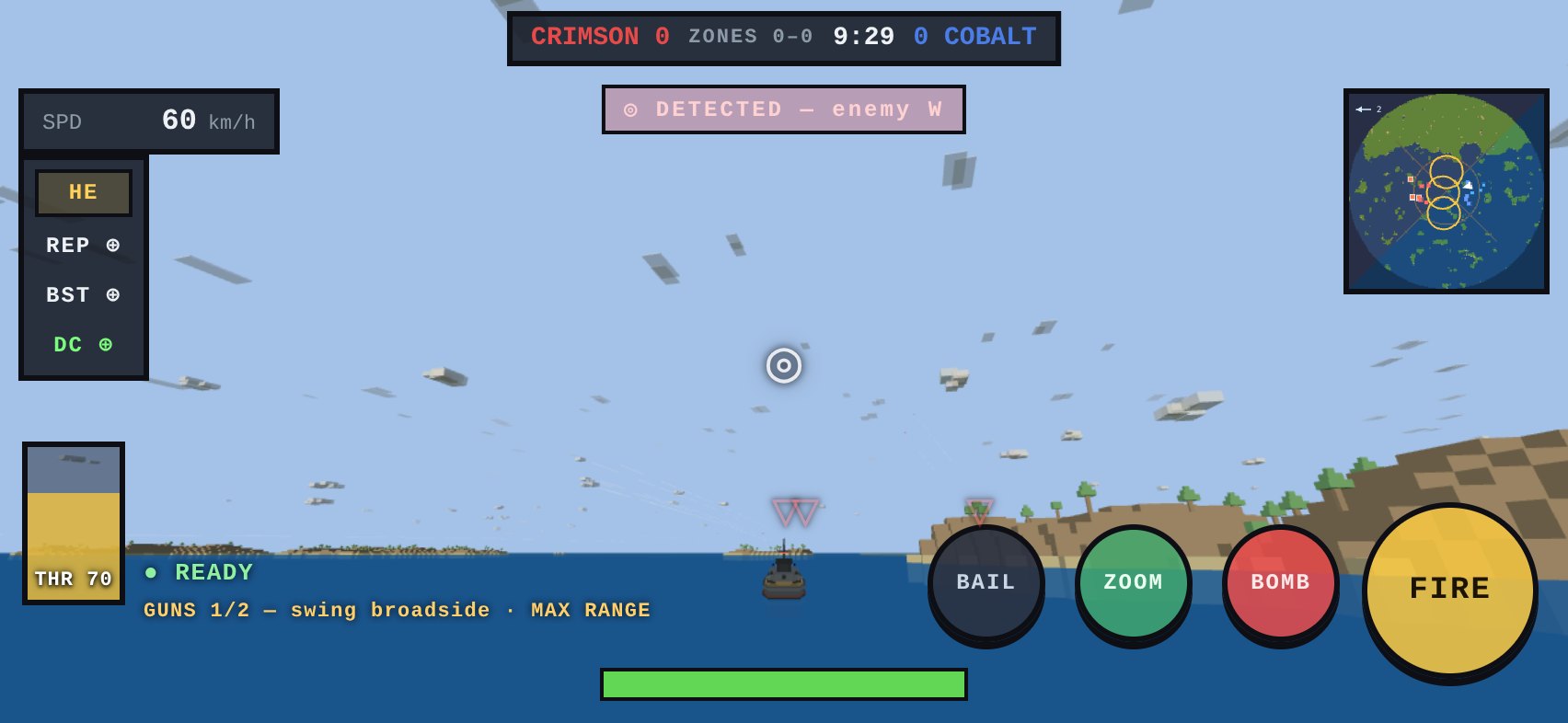 After: the naval mobile HUD with a slim column of chips on the left rail between the SPD readout and throttle, a small DETECTED banner, and the entire sea, horizon and ship visible