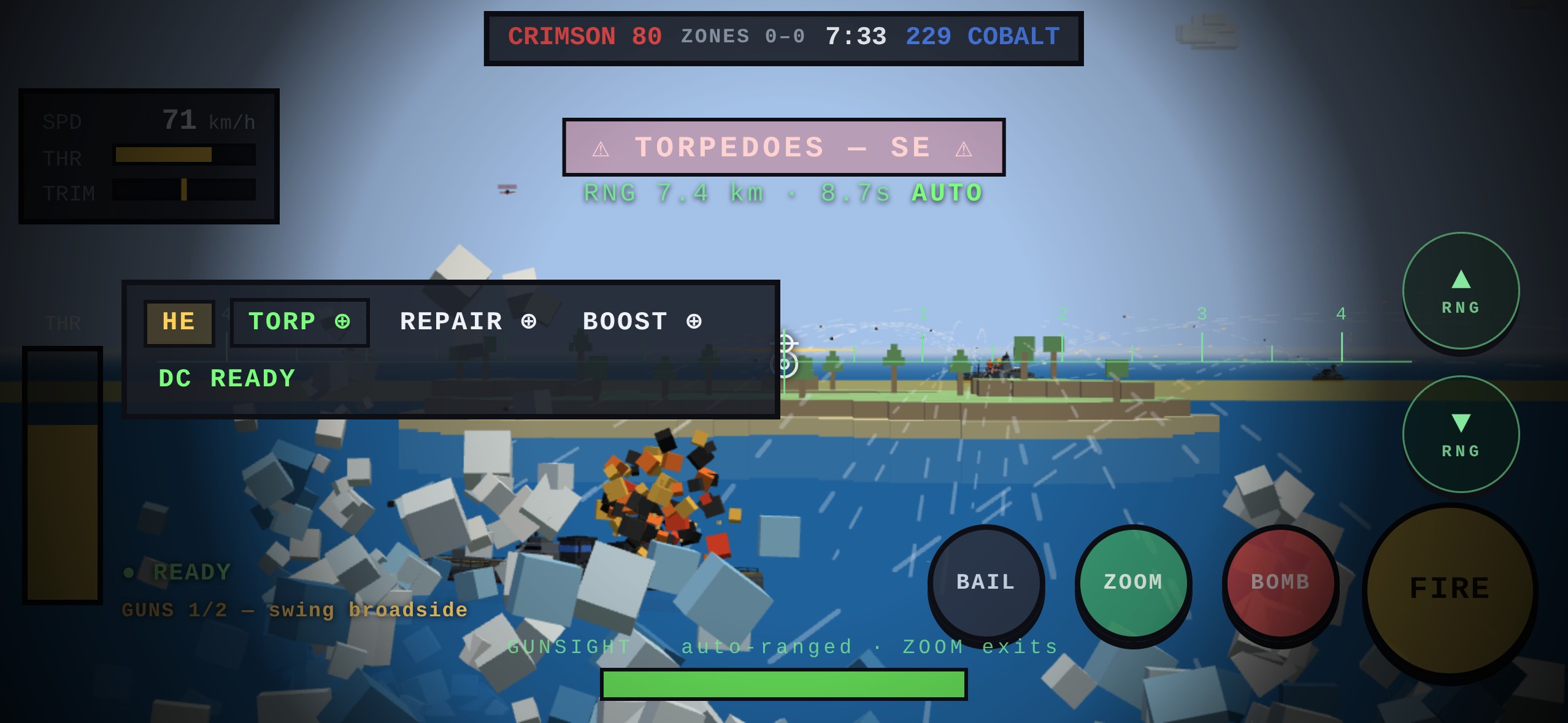 The naval theater on a phone in landscape: a compact conning panel of tappable chips at top-left, the loaded shell / torpedo / repair / boost / damage-control readouts, a DETECTED banner and RNG rangefinder stacked cleanly under the score bar, the binocular gunsight's lead scale across the sea, a range dial on the right edge, and thumb-sized ZOOM / BOMB / FIRE buttons bottom-right