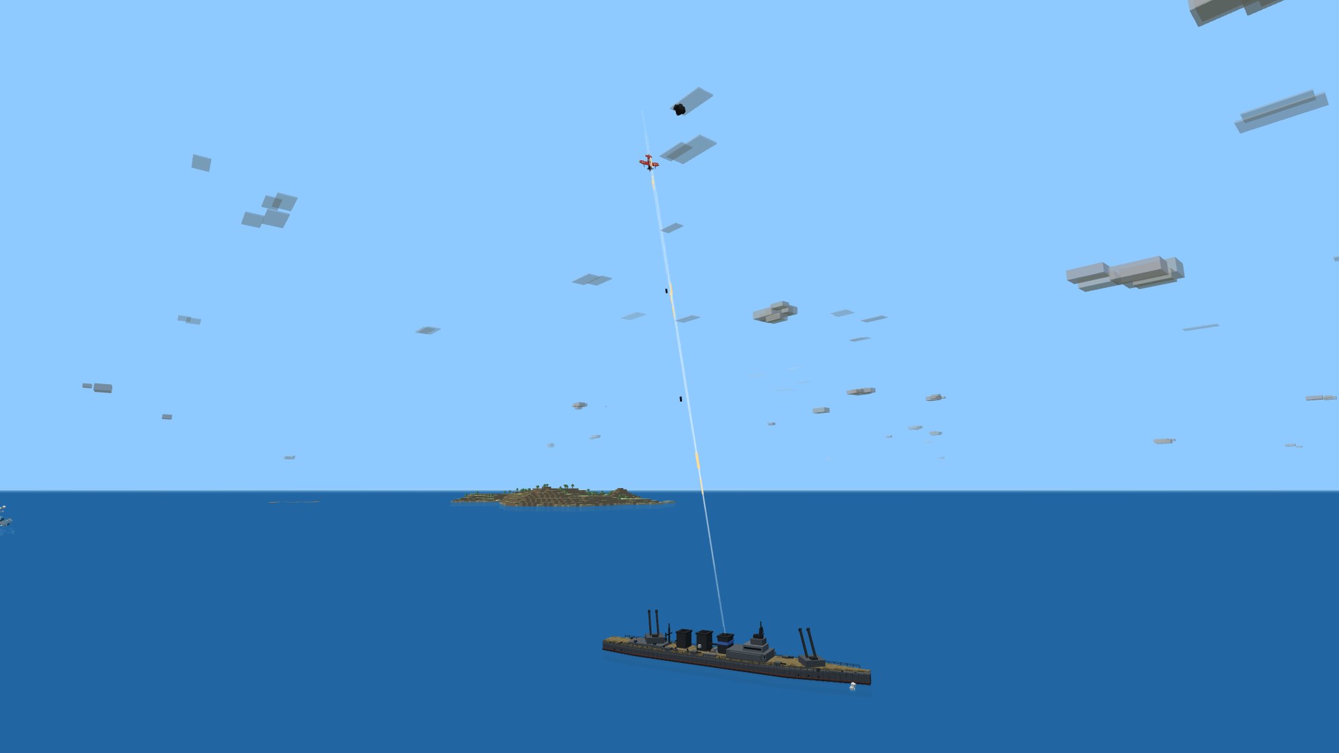 A red dive bomber plunging near-vertically toward a cruiser far below, two bombs already falling along the dive line, the ship's tracer fire and a flak burst reaching up around the plane