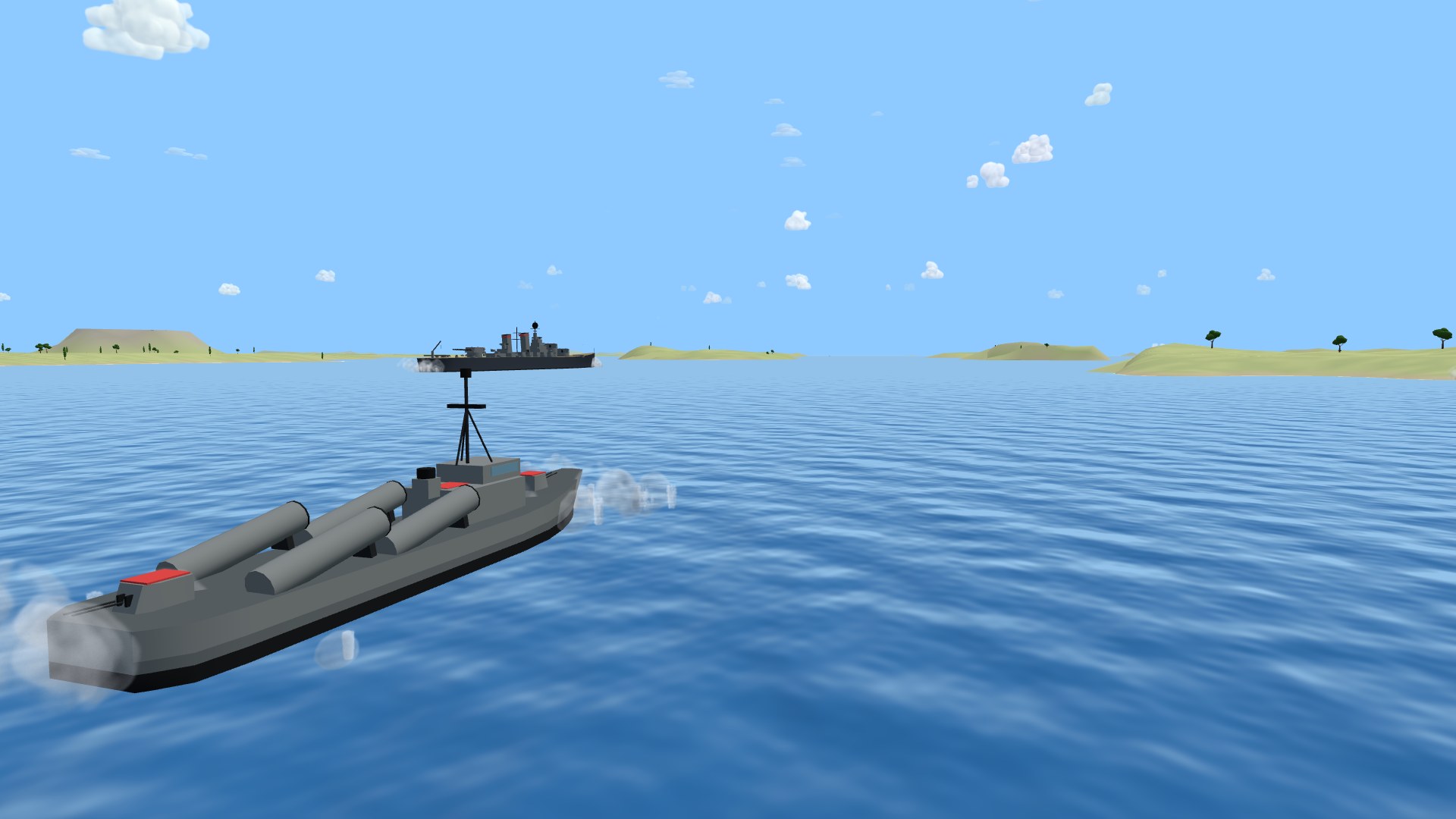 The Osa missile boat under way in the Brick Gulf: four big missile launcher boxes along her deck, a twin gun mount at the stern and a mast over the bridge, an Iowa-class battleship on the horizon beyond