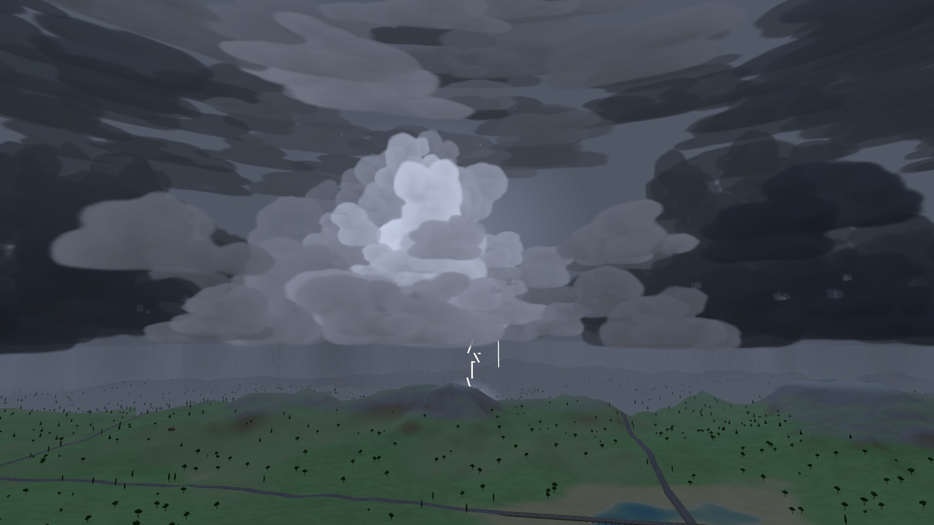 A night storm over the island: one thunderhead lit blue-white from inside by a lightning stroke, the cells either side of it dark against the night sky